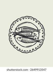 Cartaz de frutos do mar desenhado à mão em estilo mediterrâneo com lagosta, sardinhas, ostras, camarões e limão. Vintage linha azul arte perfeito para menus de restaurante e marca gourmet.