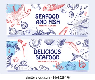 Hand drawn Seafood Restaurant Illustration Banner Template Design for Menu, Advertise and Brochure