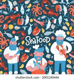 Hand drawn Seafood Restaurant Illustration Banner Template Design for Menu, Advertise and Brochure. Fish, lobster, oyster and thee chief cooks characters. Flat hand drawn vector illustration.