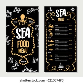 Hand drawn seafood restaurant menu template with meals of fishes and marine creatures in vintage style vector illustration