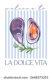 Hand drawn seafood retro poster. Mussels with rosemary herb on striped background in soft pastel colors. Vintage sketch vector illustration.