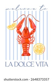 Cartaz retrô de frutos do mar desenhado à mão. Lagosta com fatia de limão em fundo listrado em cores pastel macias. Ilustração de vetor de esboço vintage.
