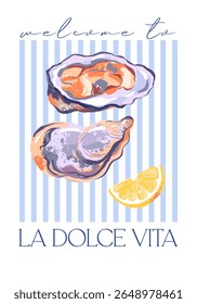Cartaz retrô de frutos do mar desenhado à mão. Ostras com fatia de limão em fundo listrado em cores pastel macias. Ilustração de vetor de esboço vintage. 