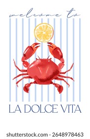 Hand drawn seafood retro poster. Crab with lemon slice on striped background in soft pastel colors. Vintage sketch vector illustration.