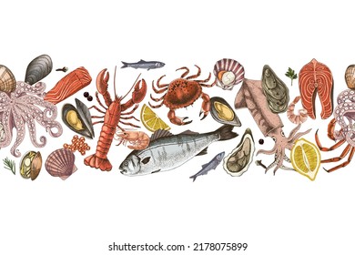 Hand drawn Seafood seamless border