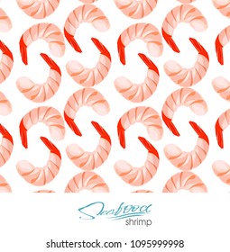 Hand drawn seafood seamless pattern. Shrimp background Vintage sketch style prawn. Vector illustration