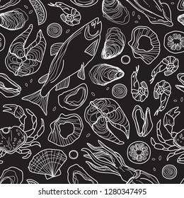 Hand Drawn Seafood Seamless Pattern on Black. Oysters, Fish, Squid, Mussels, Lemon, Onion.