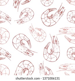Hand drawn seafood seamless pattern. Shrimp background. Doodle style prawn. Great for banner, poster, menu decor.