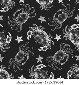 Hand drawn seafood seamless pattern. Vector crabs and sea stars illustrations on chalk board. Vintage marine background