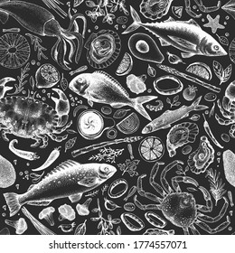 Hand drawn seafood seamless pattern. Vector crabsfishes and oystrers illustrations on chalk board. Vintage marine background