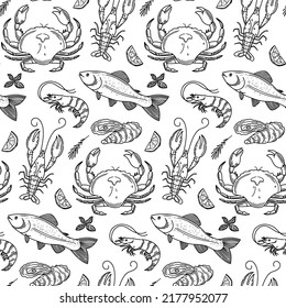 Hand drawn seafood seamless pattern. Decorative doodle background of squid, salmon, scallops, lobster, crab, shellfish and mussels.
