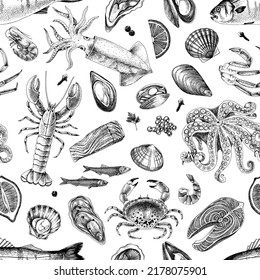 Hand drawn seafood seamless pattern monochrome