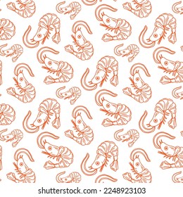 Hand drawn seafood seamless pattern. Shrimp background Vintage sketch style prawn. Vector illustration