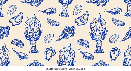 Padrão sem costura de frutos do mar desenhado à mão em estilo mediterrâneo com lagosta, ostras, camarões e limão. Vintage arte de linha perfeito para menus de restaurante e marca gourmet.