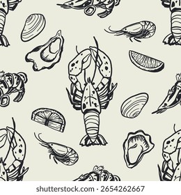 Padrão sem costura de frutos do mar desenhado à mão em estilo mediterrâneo com lagosta, ostras, camarões e limão. Vintage arte de linha perfeito para menus de restaurante e marca gourmet.