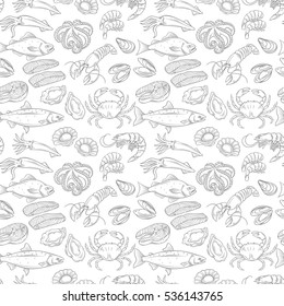 Hand drawn seafood seamless pattern. Vector illustration.