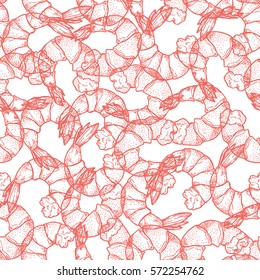 Hand drawn seafood seamless pattern. Shrimp background Vintage sketch style prawn. Vector illustration