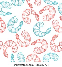 Hand drawn seafood seamless pattern. Shrimp background Vintage sketch style prawn. Vector illustration