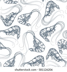 Hand drawn seafood seamless pattern. Shrimp background Vintage sketch style prawn. Vector illustration