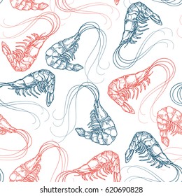 Hand drawn seafood seamless pattern. Shrimp background Vintage sketch style prawn. Vector illustration