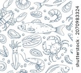 Hand drawn seafood seamless pattern.Vector line silhouettes fish with salmon, squid, crab, lobster, mussel, oyster, seashell. Seafood for poster or menu product market, wallpaper.Vintage engraving art