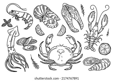 Hand drawn Seafood set. Decorative doodle illustration of squid, salmon, scallops, lobster, crab, shellfish and mussels. Vector illustration in old ink style.