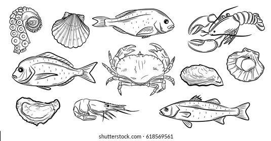 Hand drawn Seafood set. Decorative icons dorado, sea bass, Octopus, oysters, scallops, lobster, red perch ,crab,  and prawns. Vector illustration in old ink style om white background