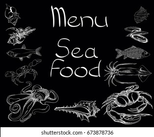 Hand drawn Seafood set. Octopus, fish, oysters, crab, shellfish and mussels. Vector illustration in old ink style.