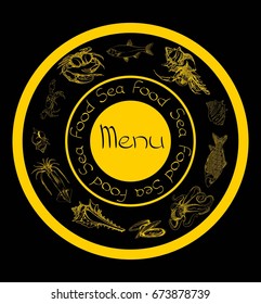 Hand drawn Seafood set. Octopus, fish, oysters, crab, shellfish and mussels. Vector illustration in old ink style.