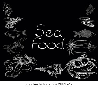 Hand drawn Seafood set. Octopus, fish, oysters, crab, shellfish and mussels. Vector illustration in old ink style.