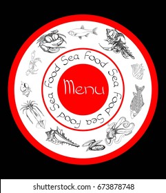 Hand drawn Seafood set. Octopus, fish, oysters, crab, shellfish and mussels. Vector illustration in old ink style.