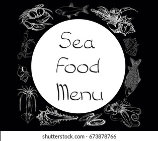 Hand drawn Seafood set. Octopus, fish, oysters, crab, shellfish and mussels. Vector illustration in old ink style.