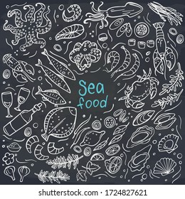 Hand drawn seafood set on chalkboard. Vector illustration. Perfect for menu or food package design.