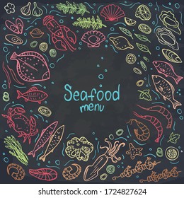 Hand drawn seafood set on chalkboard. Vector illustration. Perfect for menu or food package design.