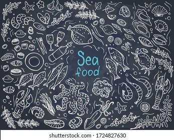 Hand drawn seafood set on chalkboard. Vector illustration. Perfect for menu or food package design.