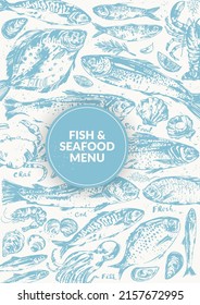 Hand drawn seafood sketch, fish for menu background. Octopus, squid, lobster, crab, oyster, prawn, shrimp, mussel, salmon, tuna, dorado, trout, sardine, anchovy, flounder, mackerel, herring, sea bass.