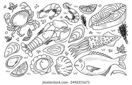 Hand drawn seafood. Sketch salmon, squid, crab, lobster, mussel, oyster, seashell. Seafood for poster or menu product market wallpaper