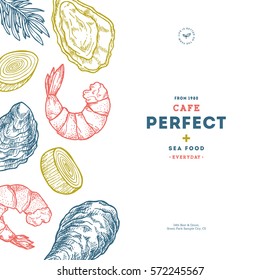 Hand drawn seafood template. Vintage sketch style menu. Vector illustration