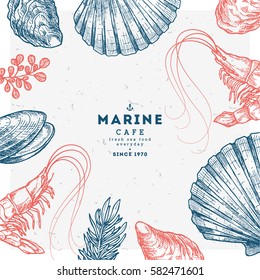 Hand drawn seafood template. Vintage sketch style menu. Vector illustration