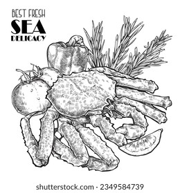 Hand drawn seafood vector illustration. Crabs, lobsters. Fish and seafood restaurant menu, flyer, business card promotion