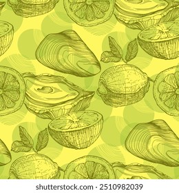 Padrão sem emenda do vetor de frutos do mar desenhado à mão com ostras e limão. Uma colagem contemporânea com formas simples. Design exótico moderno para papel, tampa, tecido, papel de parede, interior.