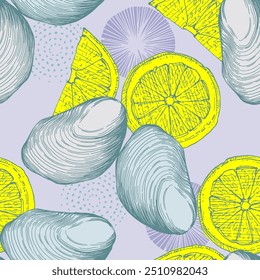 Padrão sem emenda do vetor de frutos do mar desenhado à mão com ostras e limão. Uma colagem contemporânea com formas simples. Design exótico moderno para papel, tampa, tecido, papel de parede, interior.