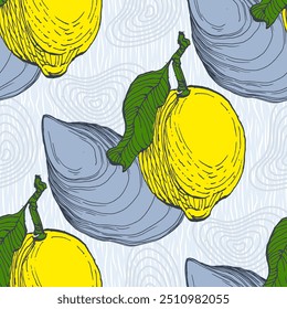 Padrão sem emenda do vetor de frutos do mar desenhado à mão com ostras e limão. Uma colagem contemporânea com formas simples. Design exótico moderno para papel, tampa, tecido, papel de parede, interior.