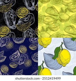 Padrão sem emenda do vetor de frutos do mar desenhado à mão com ostras e limão. Uma colagem contemporânea com formas simples. Design exótico moderno para papel, tampa, tecido, papel de parede, interior.