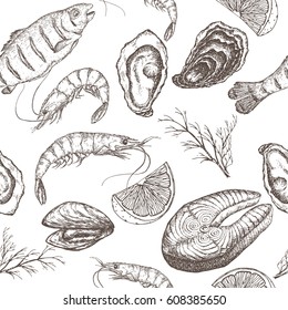 Hand drawn seafood vector seamless pattern with grilled fish, shrimps, oyster and mytilus, lemon and dill on white background. Great for restaurants, cafes, grocery stores, kitchen, food label design.