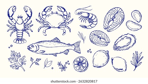 Hand drawn seafood vector set in vintage style with fish, crab, shrimp, shellfish, herbs, and lemons. Restaurant menu, packaging, cookbooks, branding, culinary. Engraved Style Marine Food Elements 