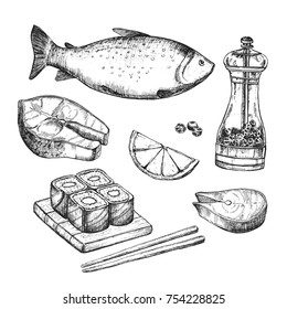 Hand drawn seafood vintage illustrations set. Healthy eating illustration. Fish and Japanese food.