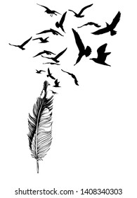 Hand drawn seagull feather with flying bird silhouettes. Tatoo concept. Vector illustration