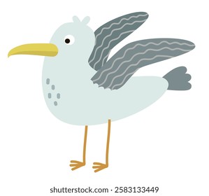 Hand drawn seagull flapping wings in flat style. Vector sea life object for your design.