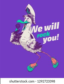 Hand drawn seagull singing in a microphone and wearing captain hat and slippers. Detailed minimal vector illustration isolated on purple background. Ideal for restaurants and book illustrations.